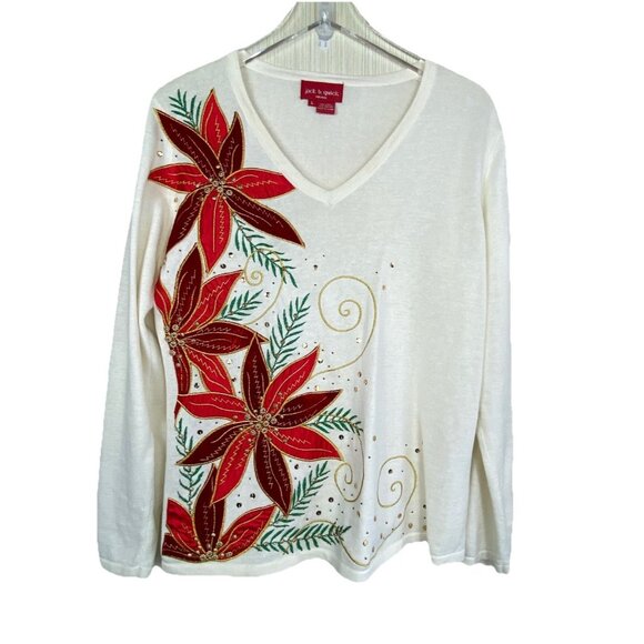 Jack B. Quick Holiday Beaded Poinsettia Appliqued Christmas Sweater Womens L - Picture 1 of 10